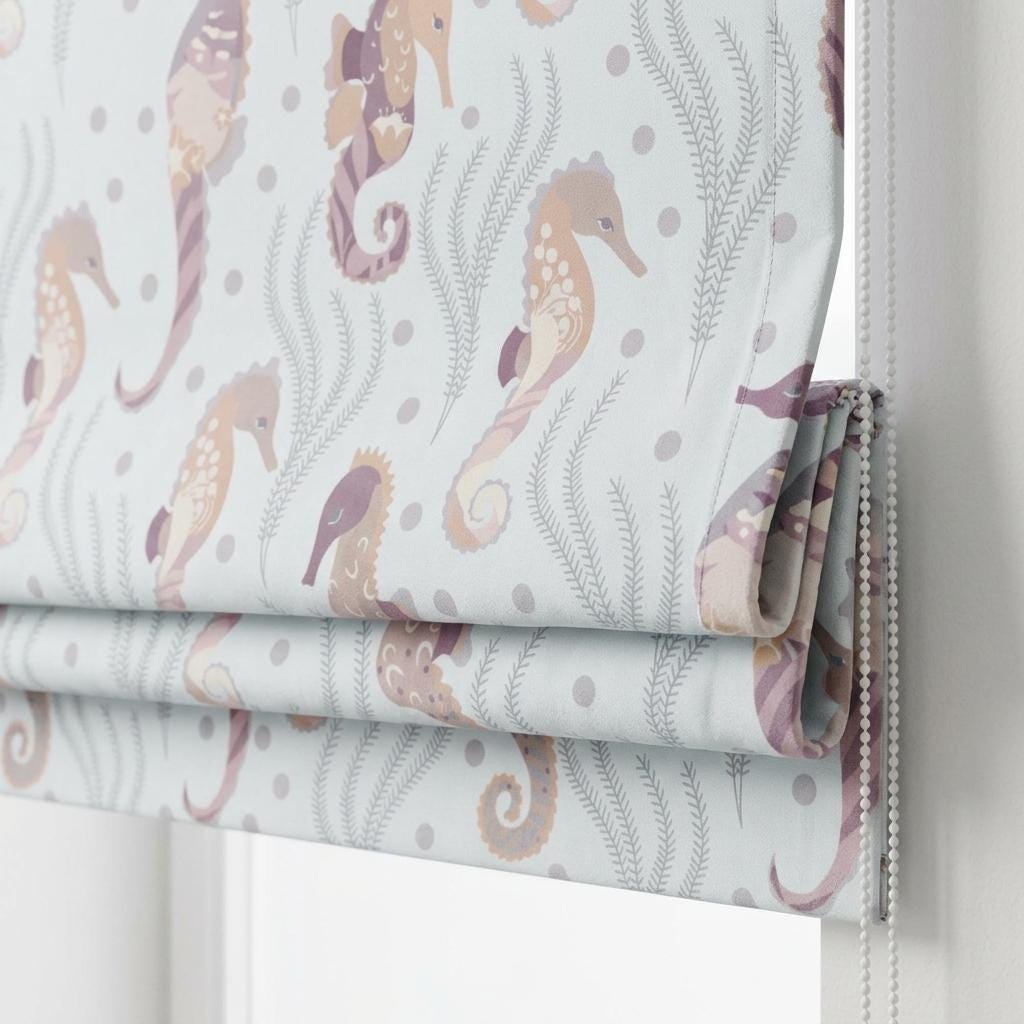 Misty Aqua Blue Matte Velvet Roman Shade, Seahorse Ocean Nursery Blind, Kids Coastal Custom Shade, Blackout or Light Filtering — image 6