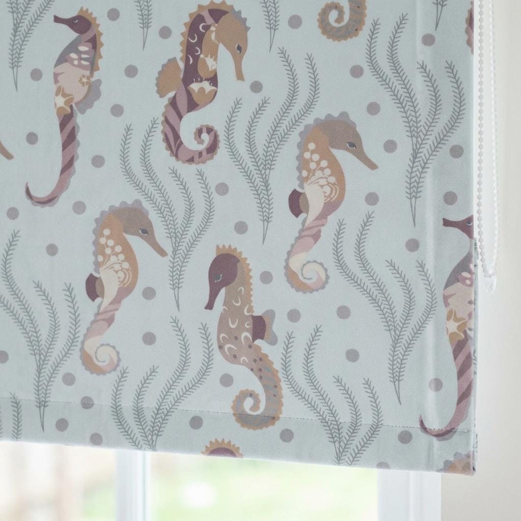 Misty Aqua Blue Matte Velvet Roman Shade, Seahorse Ocean Nursery Blind, Kids Coastal Custom Shade, Blackout or Light Filtering — image 3