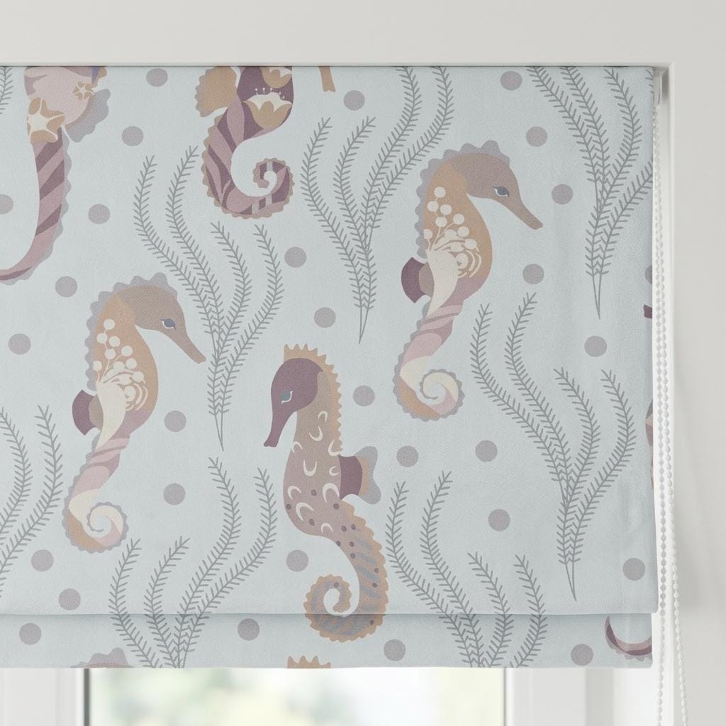 Misty Aqua Blue Matte Velvet Roman Shade, Seahorse Ocean Nursery Blind, Kids Coastal Custom Shade, Blackout or Light Filtering — image 1