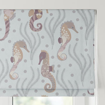 Misty Aqua Blue Matte Velvet Roman Shade, Seahorse Ocean Nursery Blind, Kids Coastal Custom Shade, Blackout or Light Filtering — image 1