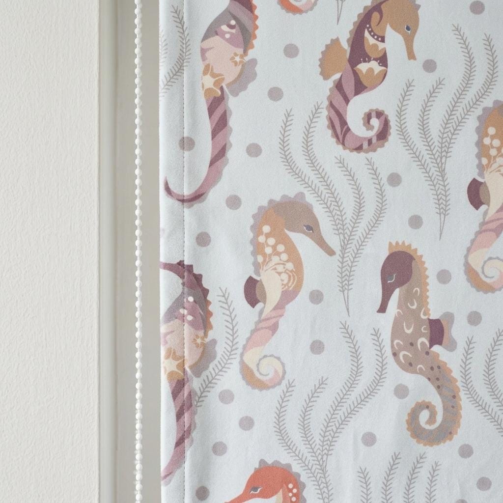 Misty Aqua Blue Matte Velvet Roman Shade, Seahorse Ocean Nursery Blind, Kids Coastal Custom Shade, Blackout or Light Filtering — image 7