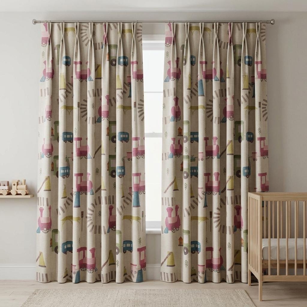 Cream Linen Curtains, Pink & Blue Train Print, Kids Room and Nursery Drapes, Custom Sizes, Blackout Option — image 5