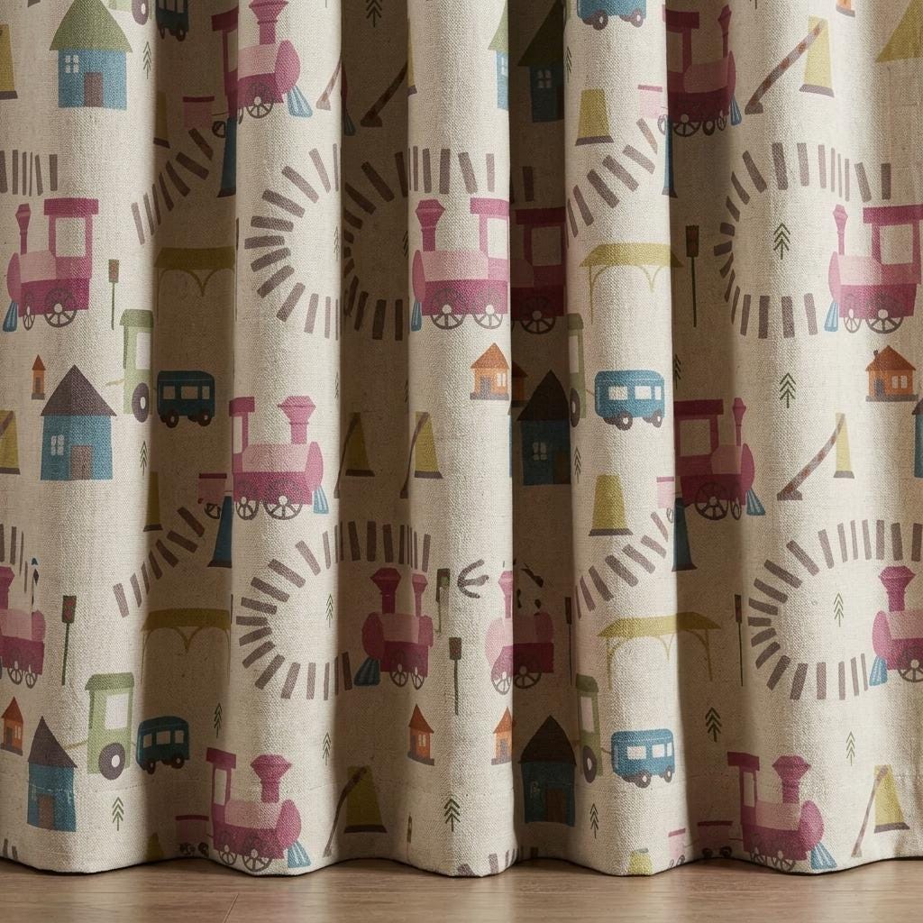 Cream Linen Curtains, Pink & Blue Train Print, Kids Room and Nursery Drapes, Custom Sizes, Blackout Option — image 4