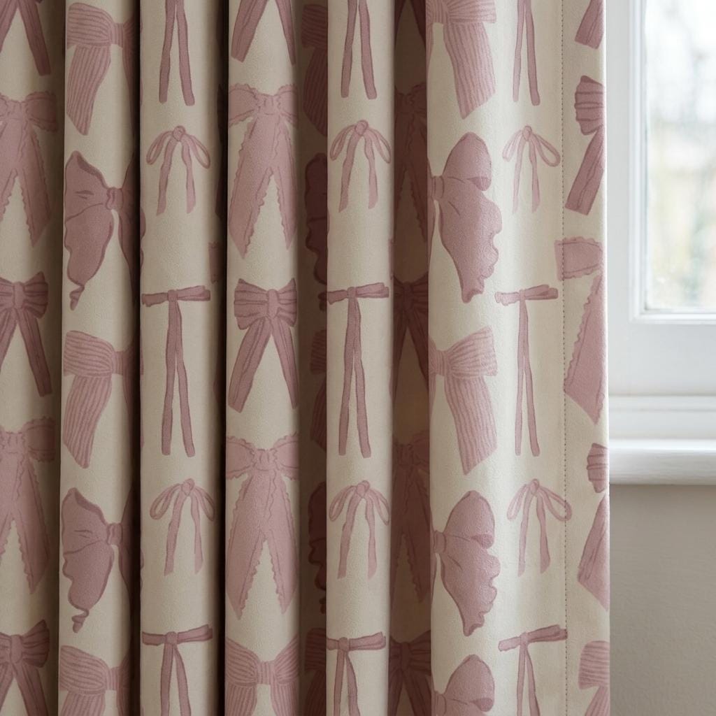 Pink Bow Velvet Curtains, Frosted Blue White Background, Coquette Nursery & Girls Room Drapes, Custom Sizes, Blackout Option — image 1
