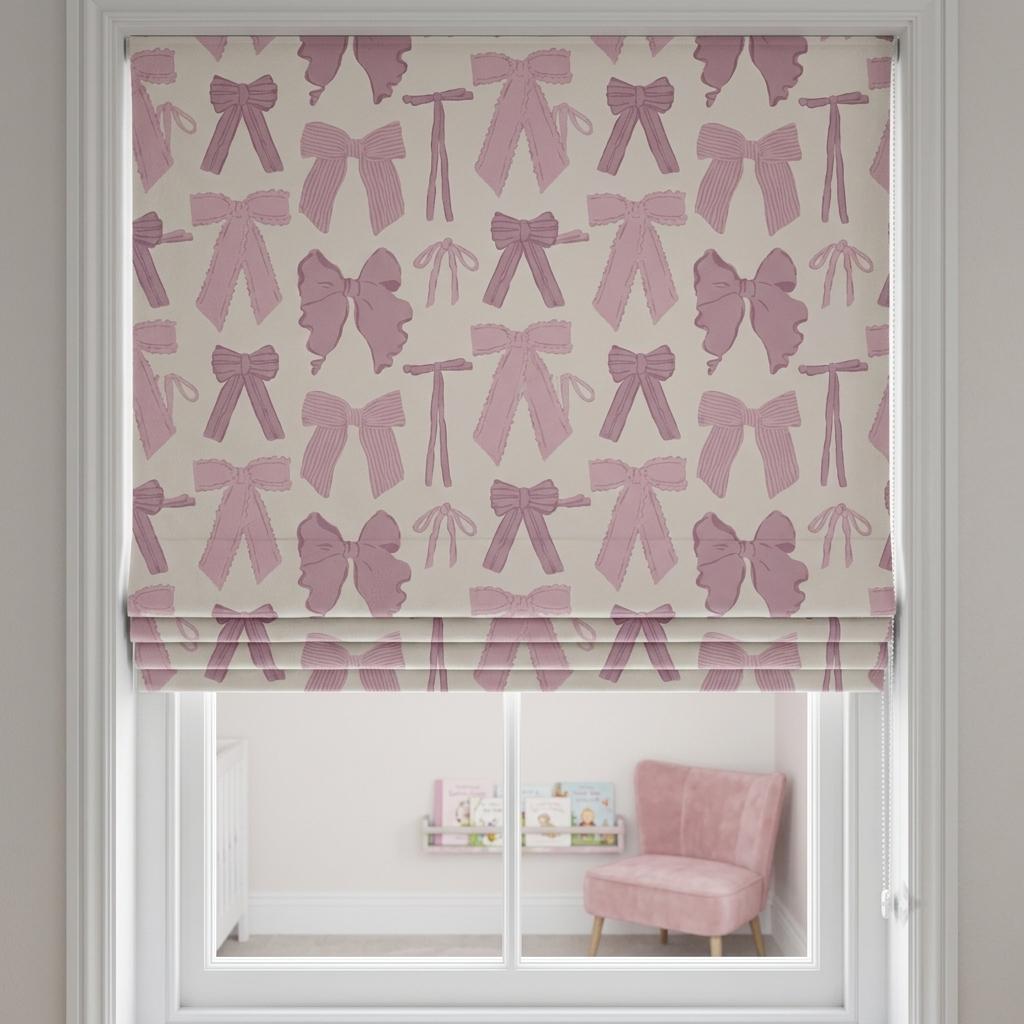 Pale Seafoam Velvet Roman Shade, Pink Bow Nursery Blind, Coquette Custom Blackout Window Shade — image 2