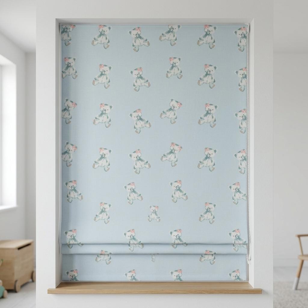 Pale Blue Teddy Bear Linen Roman Shade, Sage Green Bears & Pink Bows, Custom Corded Nursery Blind, Blackout Option — image 7