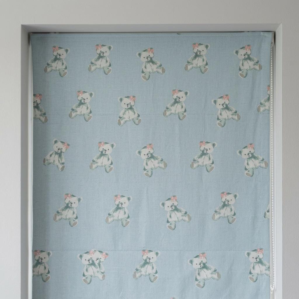 Pale Blue Teddy Bear Linen Roman Shade, Sage Green Bears & Pink Bows, Custom Corded Nursery Blind, Blackout Option — image 10