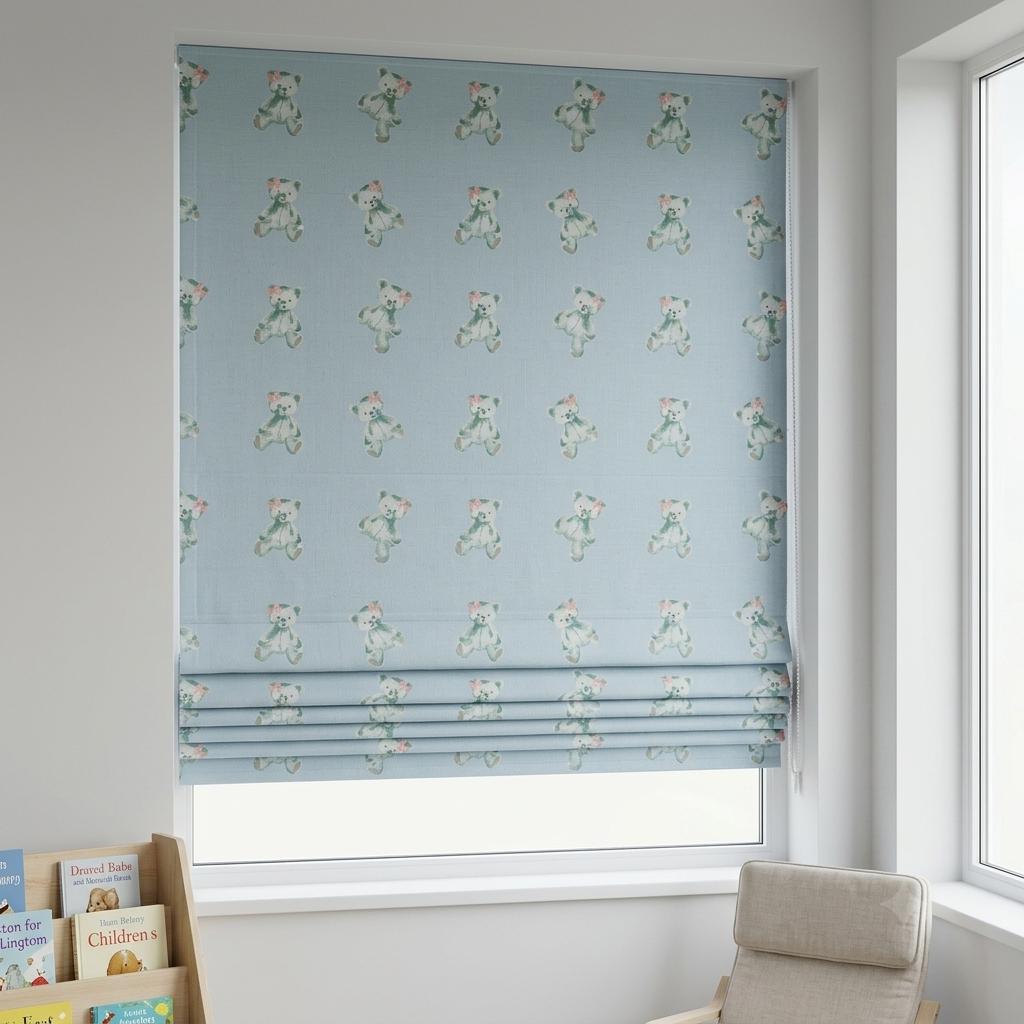 Pale Blue Teddy Bear Linen Roman Shade, Sage Green Bears & Pink Bows, Custom Corded Nursery Blind, Blackout Option — image 9