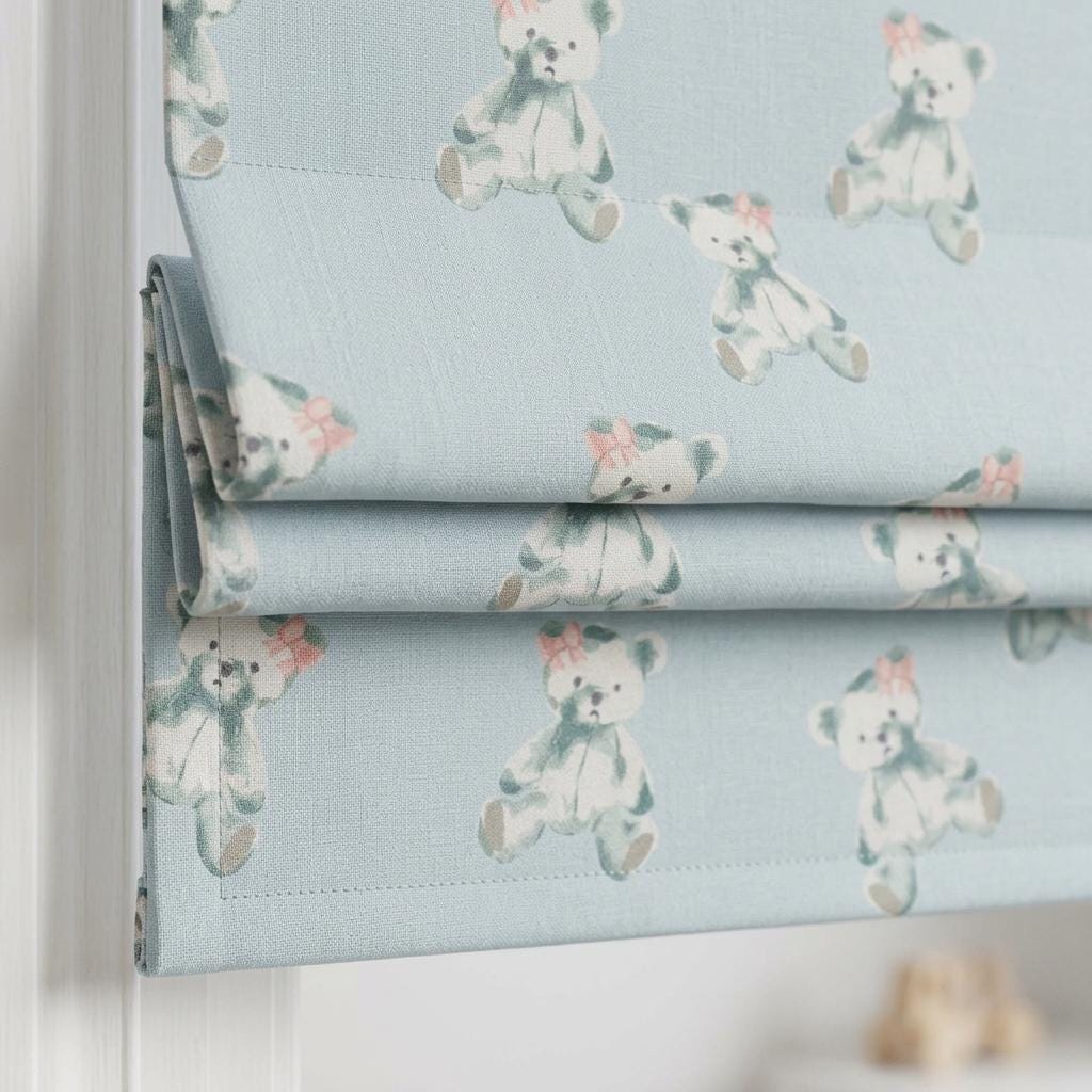 Pale Blue Teddy Bear Linen Roman Shade, Sage Green Bears & Pink Bows, Custom Corded Nursery Blind, Blackout Option — image 3