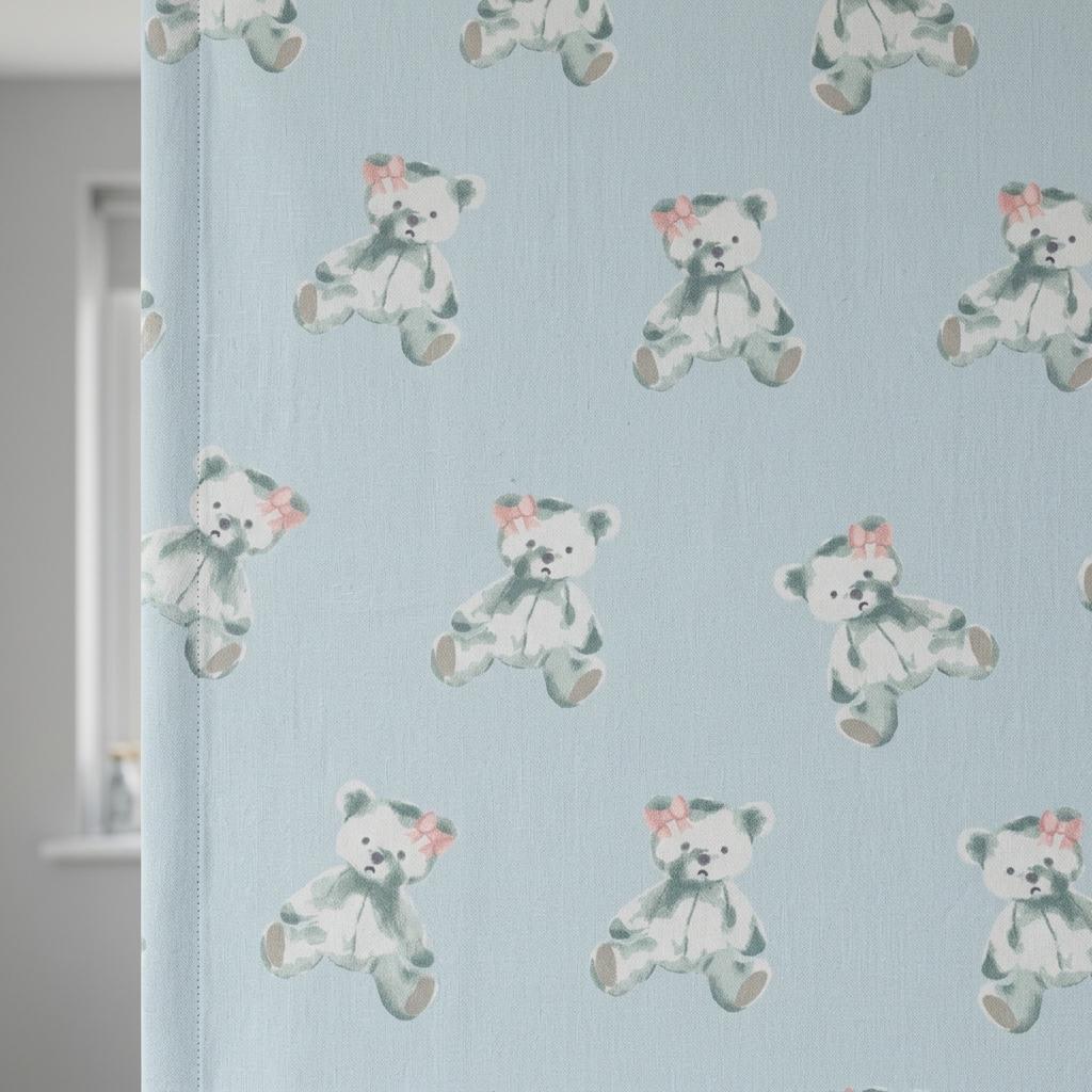 Pale Blue Teddy Bear Linen Roman Shade, Sage Green Bears & Pink Bows, Custom Corded Nursery Blind, Blackout Option — image 4