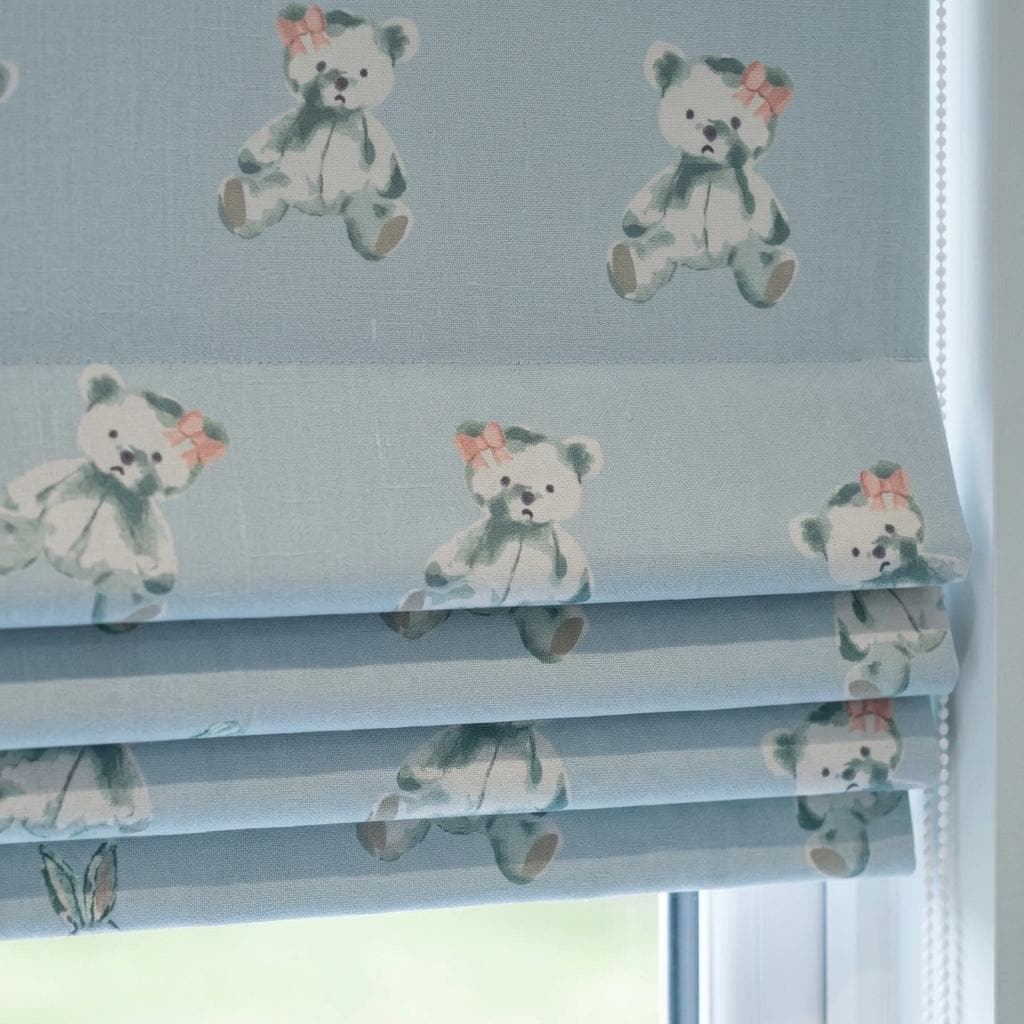 Pale Blue Teddy Bear Linen Roman Shade, Sage Green Bears & Pink Bows, Custom Corded Nursery Blind, Blackout Option — image 5