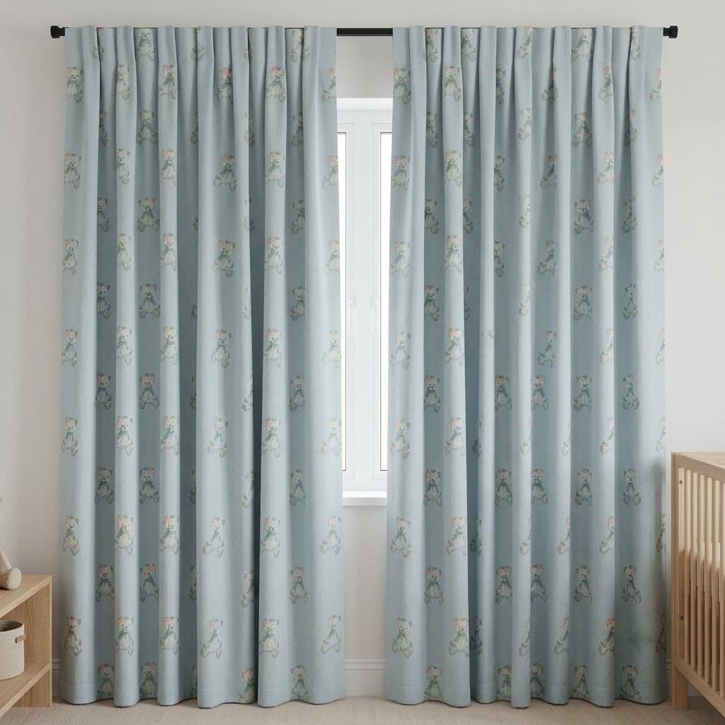 Light Blue Teddy Bear Linen Curtains with Pink Bows, Nursery & Kids Room Drapes, Custom Size, Optional Blackout Lining — image 8