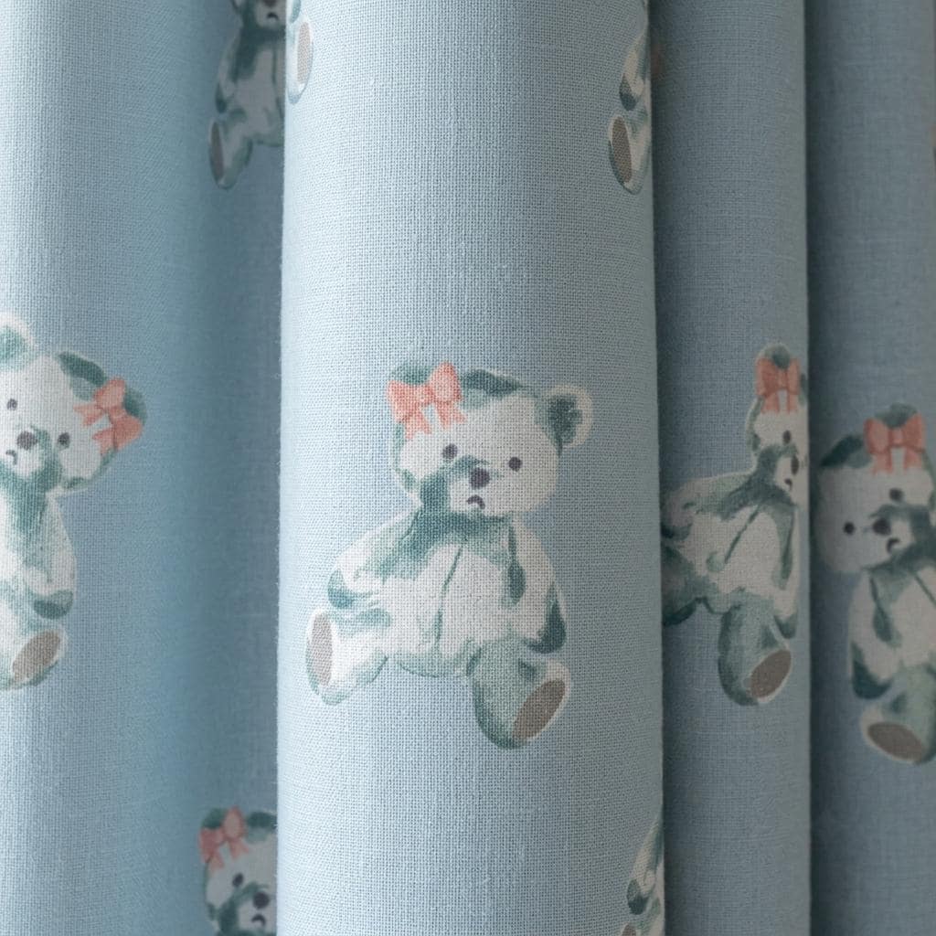 Light Blue Teddy Bear Linen Curtains with Pink Bows, Nursery & Kids Room Drapes, Custom Size, Optional Blackout Lining — image 1