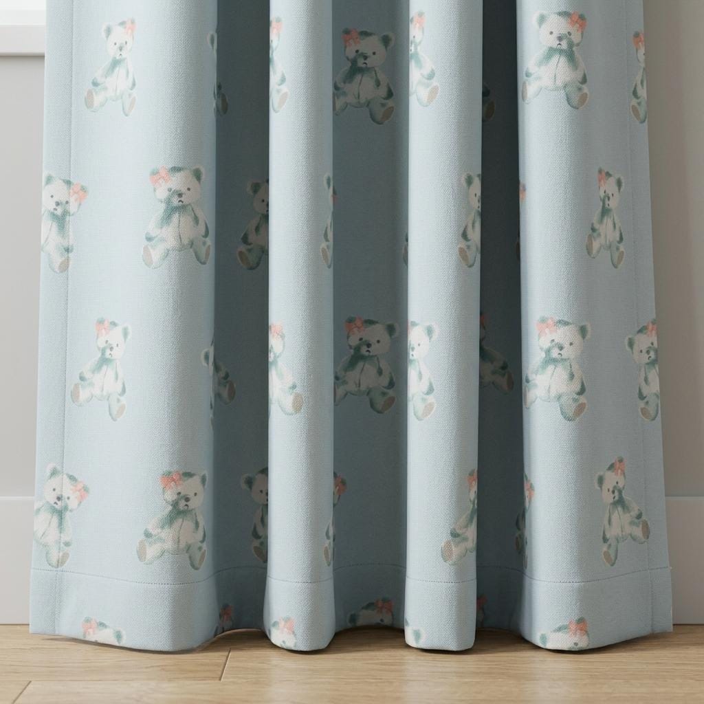 Light Blue Teddy Bear Linen Curtains with Pink Bows, Nursery & Kids Room Drapes, Custom Size, Optional Blackout Lining — image 4