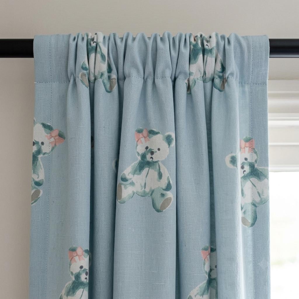 Light Blue Teddy Bear Linen Curtains with Pink Bows, Nursery & Kids Room Drapes, Custom Size, Optional Blackout Lining — image 3
