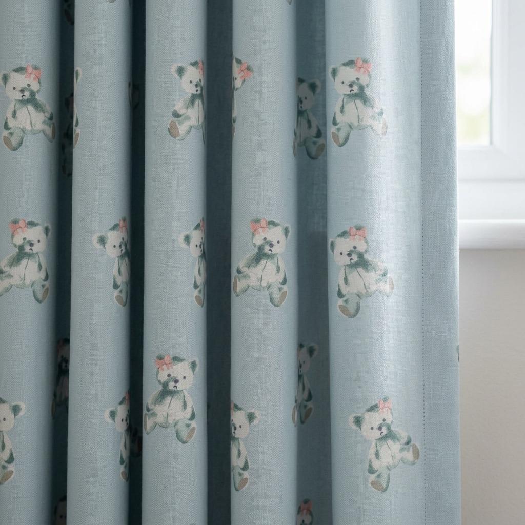Light Blue Teddy Bear Linen Curtains with Pink Bows, Nursery & Kids Room Drapes, Custom Size, Optional Blackout Lining — image 2