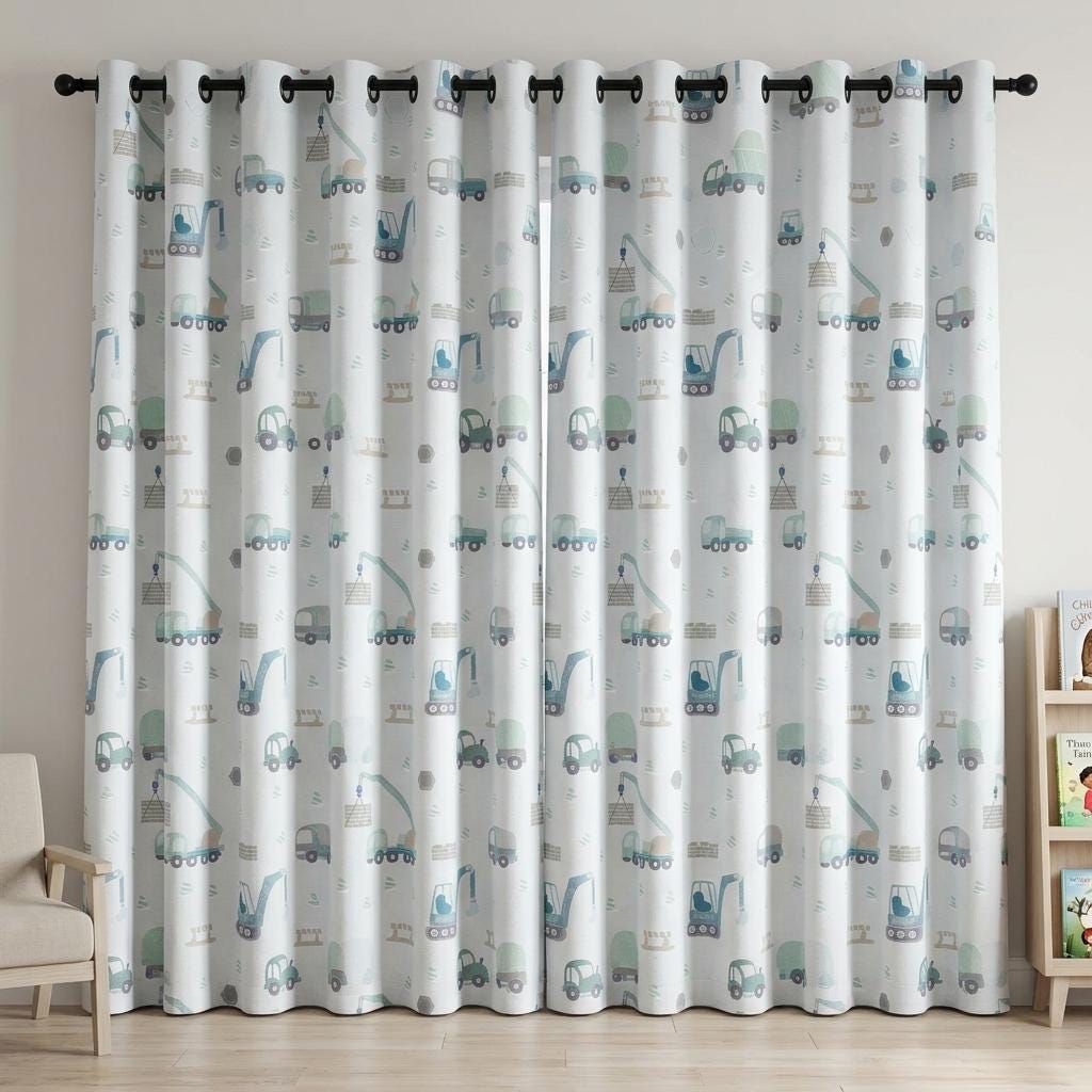 Blue & Sage Construction Truck Linen Curtains, Excavator Print, Kids Nursery Drapes, Custom Size, Optional Blackout Lining — image 6