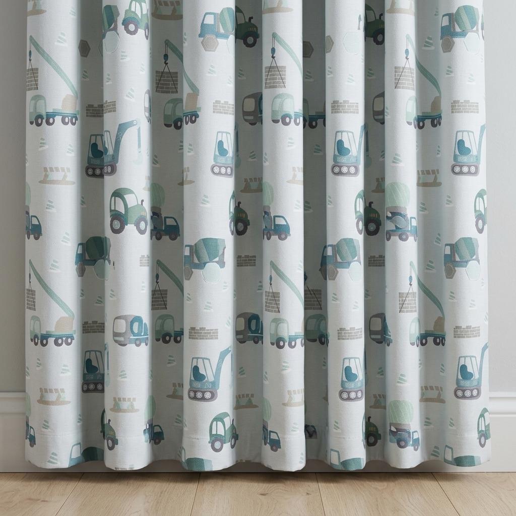 Blue & Sage Construction Truck Linen Curtains, Excavator Print, Kids Nursery Drapes, Custom Size, Optional Blackout Lining — image 7