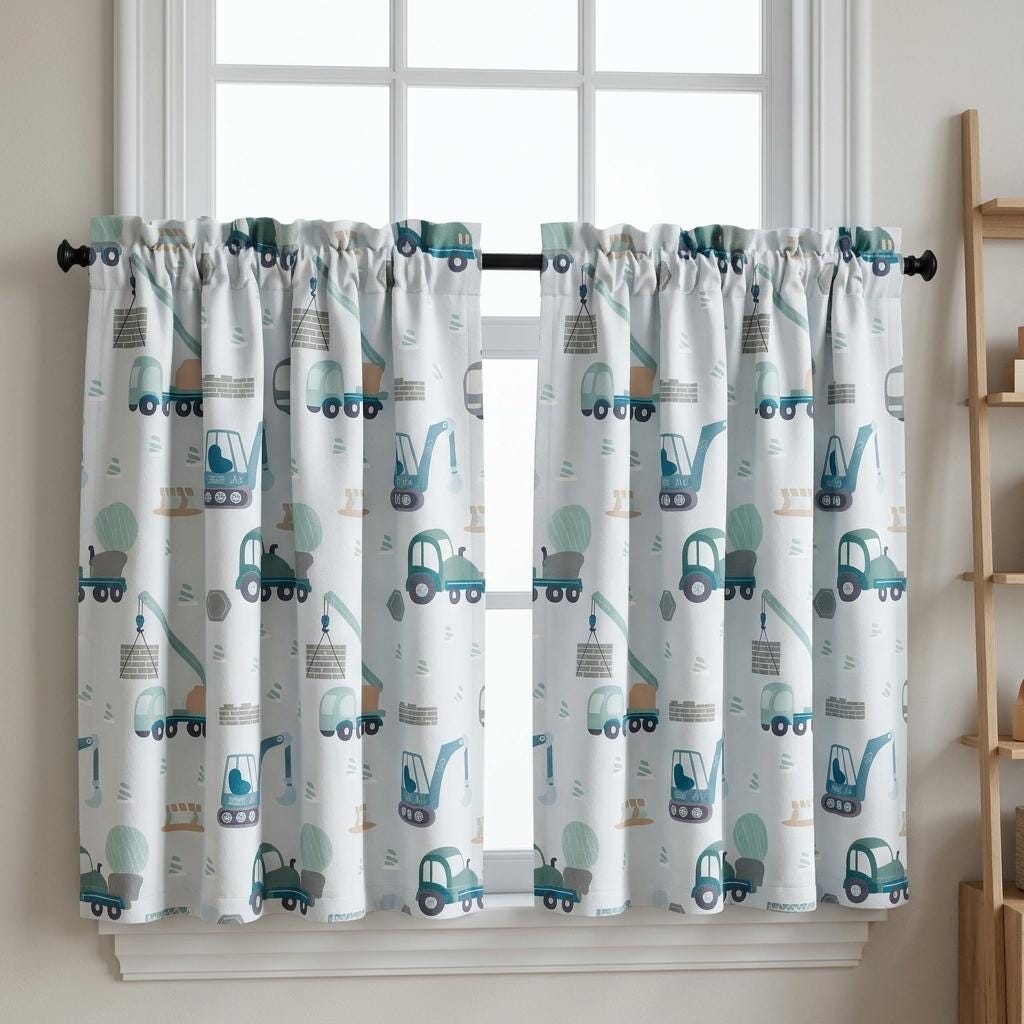 Blue & Sage Construction Truck Linen Curtains, Excavator Print, Kids Nursery Drapes, Custom Size, Optional Blackout Lining — image 8