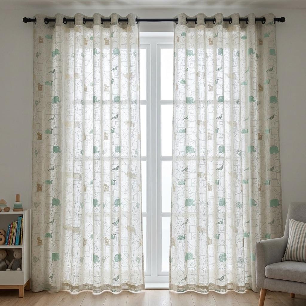 White Pure Linen Sheer Curtains, Sage Mint Animal Nursery Drapes, Geometric Print Embroidered Kids Room Panels — image 6