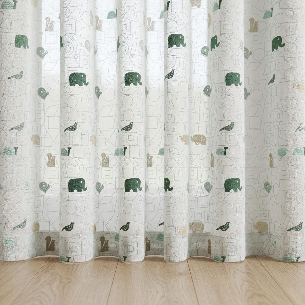 White Pure Linen Sheer Curtains, Sage Mint Animal Nursery Drapes, Geometric Print Embroidered Kids Room Panels — image 4