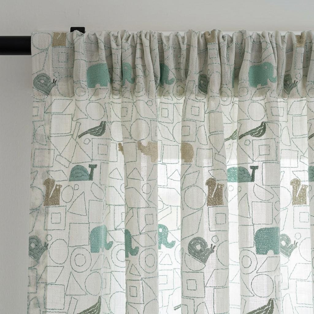 White Pure Linen Sheer Curtains, Sage Mint Animal Nursery Drapes, Geometric Print Embroidered Kids Room Panels — image 3