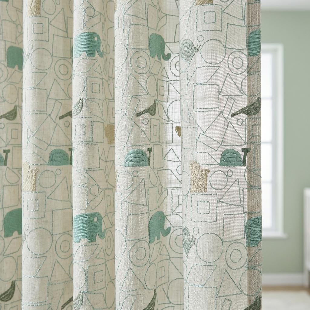 White Pure Linen Sheer Curtains, Sage Mint Animal Nursery Drapes, Geometric Print Embroidered Kids Room Panels — image 5