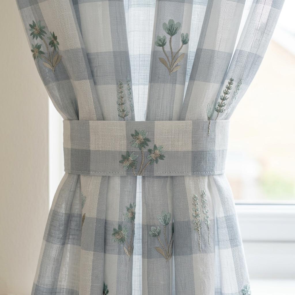 White Blue Gray Plaid Pure Linen Sheer Curtains, Teal Embroidered Wildflower Drapes, Custom Light Filtering Panels — image 1