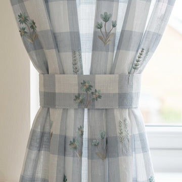 White Blue Gray Plaid Pure Linen Sheer Curtains, Teal Embroidered Wildflower Drapes, Custom Light Filtering Panels — image 1