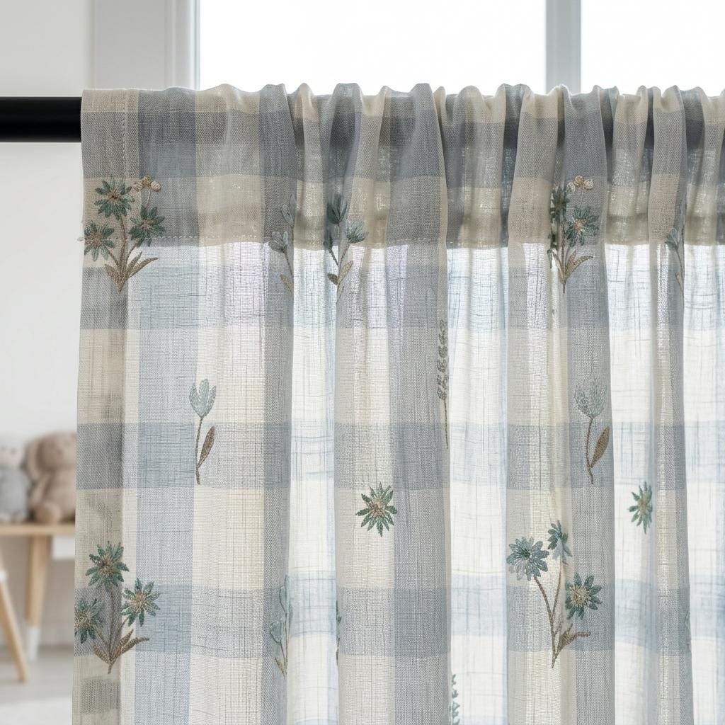 White Blue Gray Plaid Pure Linen Sheer Curtains, Teal Embroidered Wildflower Drapes, Custom Light Filtering Panels — image 3