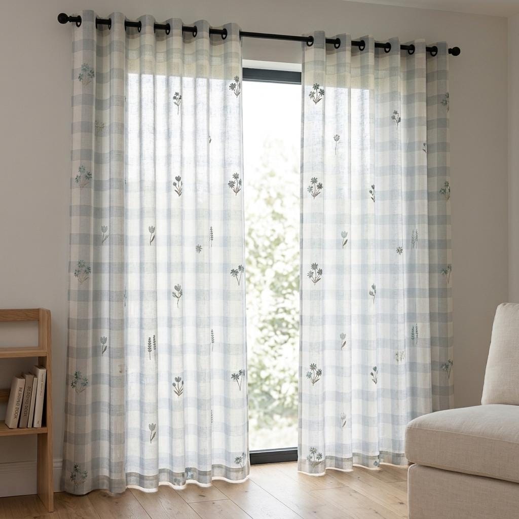 White Blue Gray Plaid Pure Linen Sheer Curtains, Teal Embroidered Wildflower Drapes, Custom Light Filtering Panels — image 6