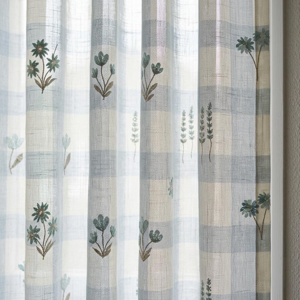 White Blue Gray Plaid Pure Linen Sheer Curtains, Teal Embroidered Wildflower Drapes, Custom Light Filtering Panels — image 5