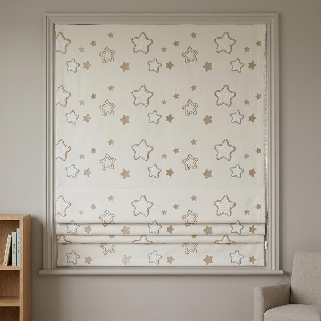 Ivory Embroidered Star Linen Roman Shade, Champagne Beige & Blue Gray Stars, Custom Corded Nursery Blind, Blackout Option — image 8