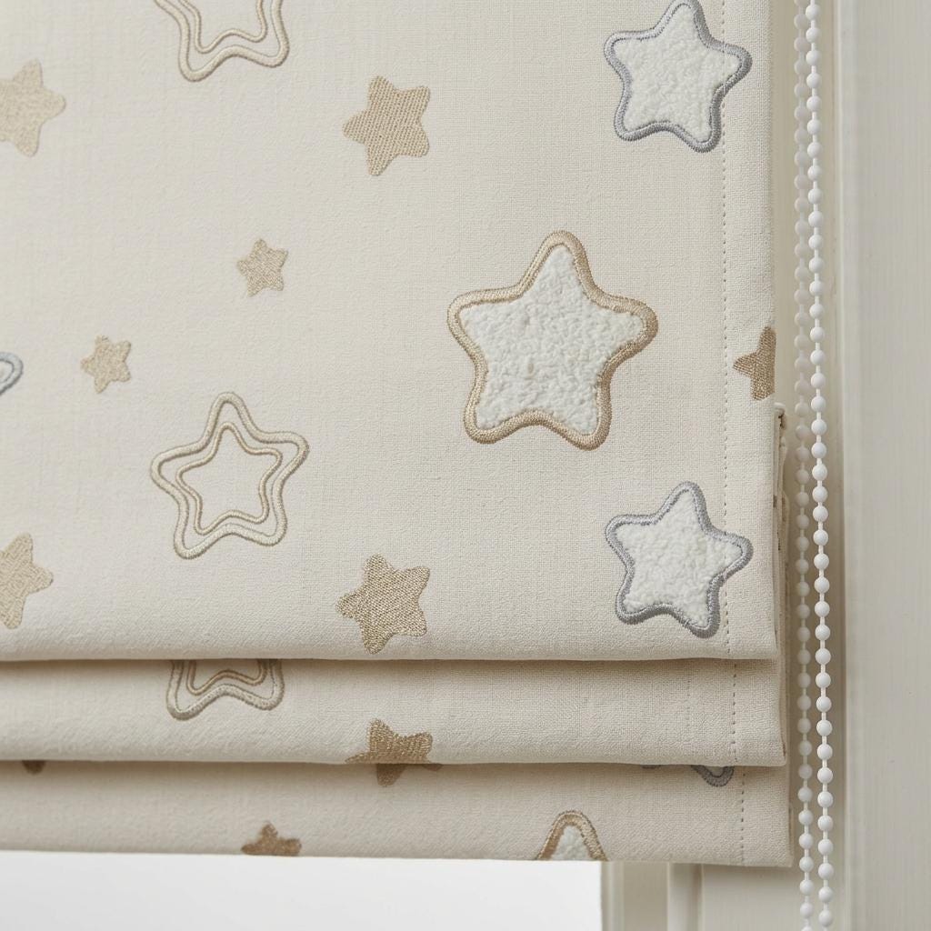 Ivory Embroidered Star Linen Roman Shade, Champagne Beige & Blue Gray Stars, Custom Corded Nursery Blind, Blackout Option — image 1