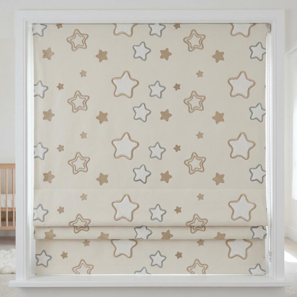 Ivory Embroidered Star Linen Roman Shade, Champagne Beige & Blue Gray Stars, Custom Corded Nursery Blind, Blackout Option — image 2