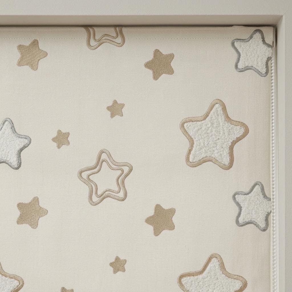 Ivory Embroidered Star Linen Roman Shade, Champagne Beige & Blue Gray Stars, Custom Corded Nursery Blind, Blackout Option — image 4