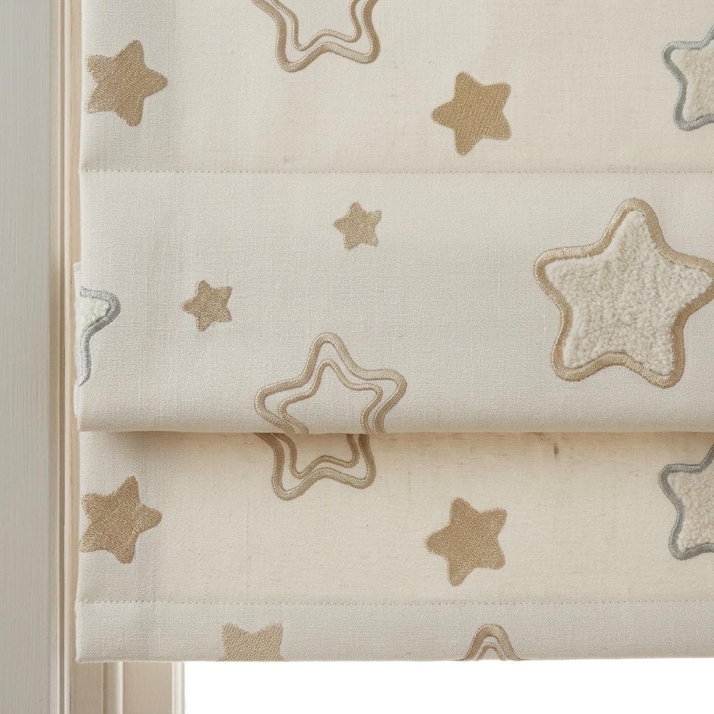 Ivory Embroidered Star Linen Roman Shade, Champagne Beige & Blue Gray Stars, Custom Corded Nursery Blind, Blackout Option — image 3