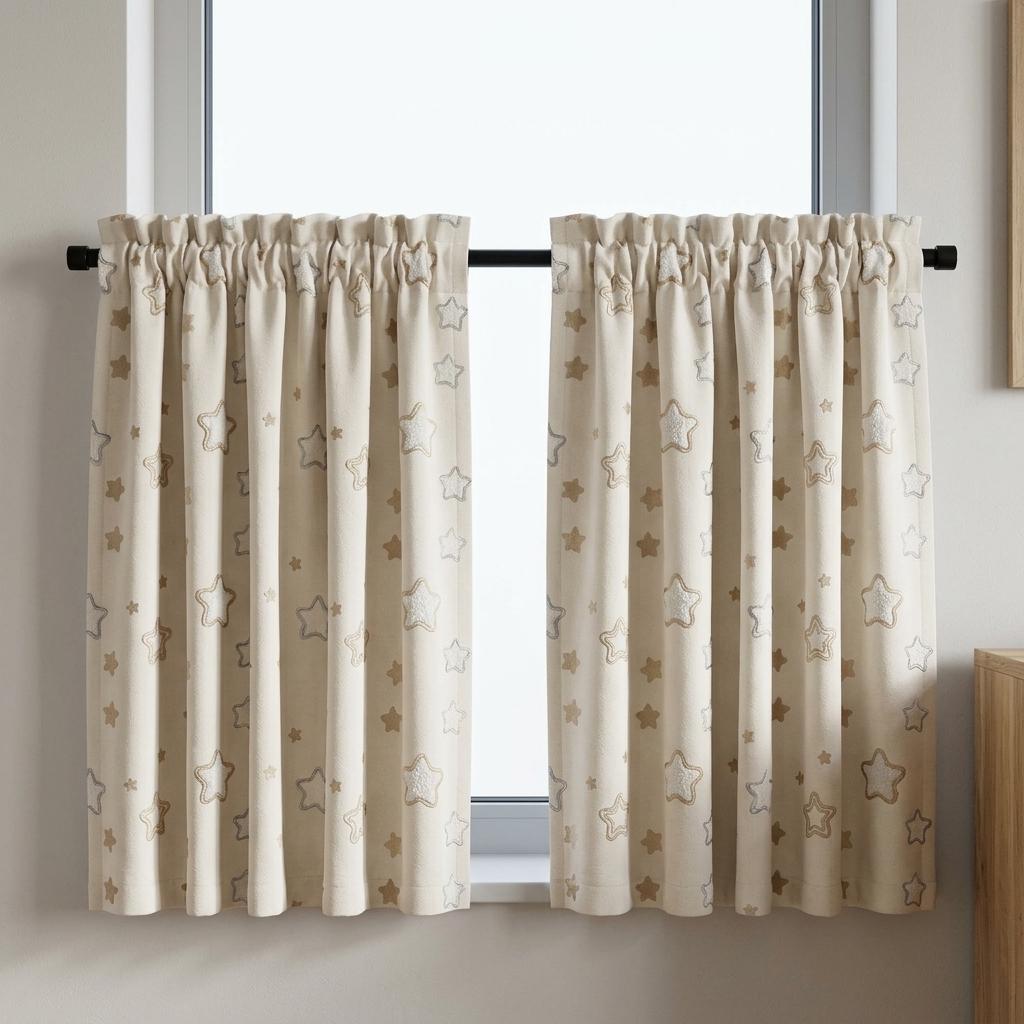 Ivory Linen Curtains with Beige & Blue Grey Star Embroidery, Kids Nursery Drapes, Custom Size, Optional Blackout Lining — image 10