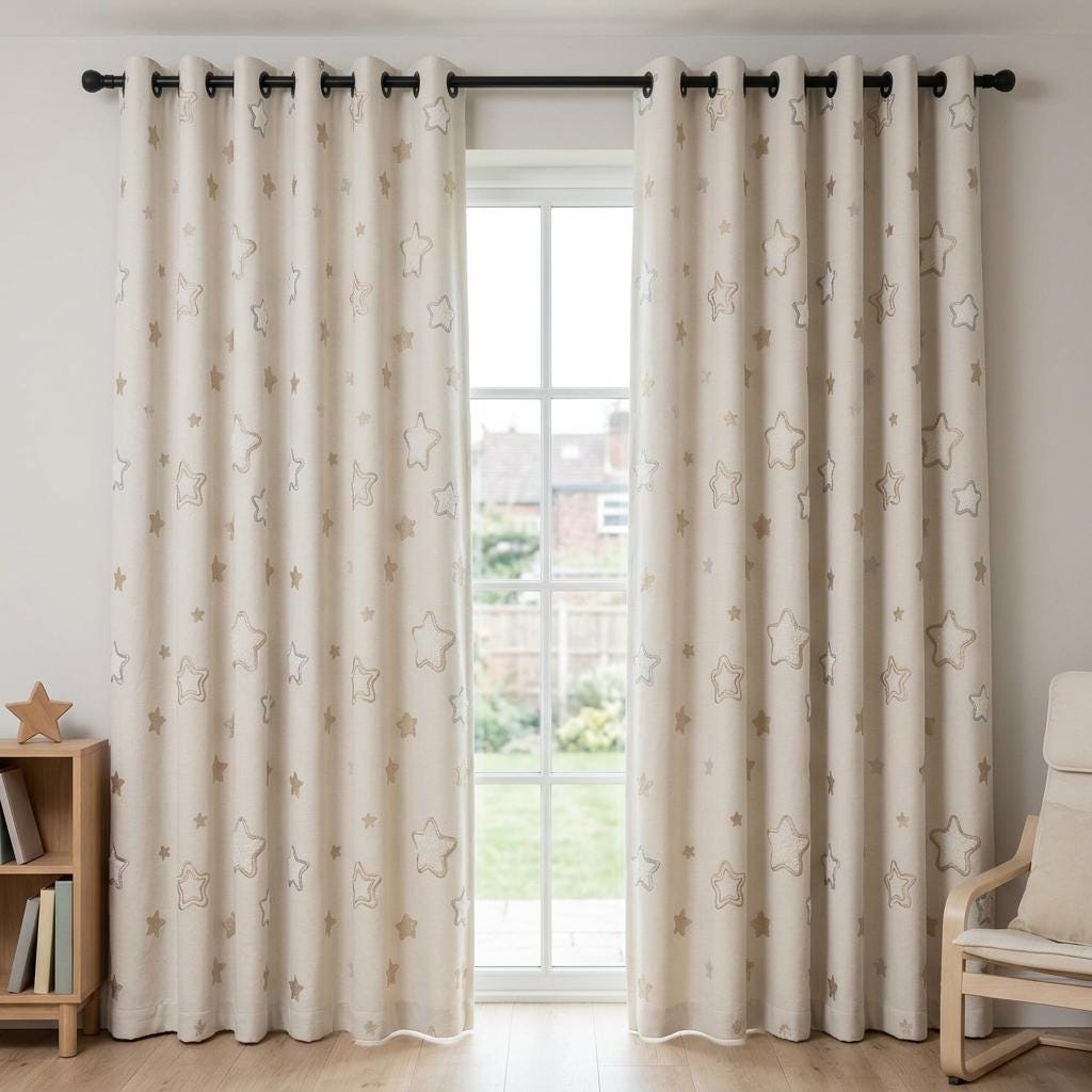 Ivory Linen Curtains with Beige & Blue Grey Star Embroidery, Kids Nursery Drapes, Custom Size, Optional Blackout Lining — image 8