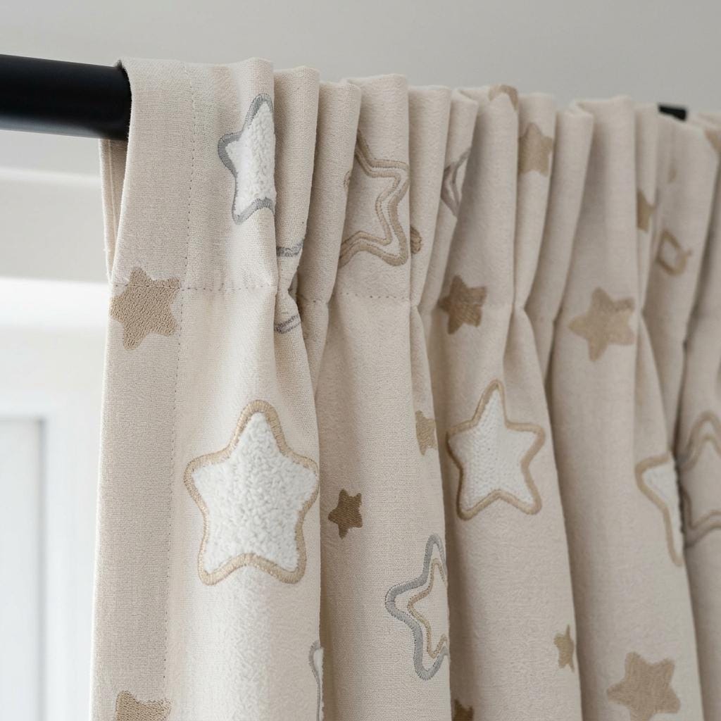 Ivory Linen Curtains with Beige & Blue Grey Star Embroidery, Kids Nursery Drapes, Custom Size, Optional Blackout Lining — image 3