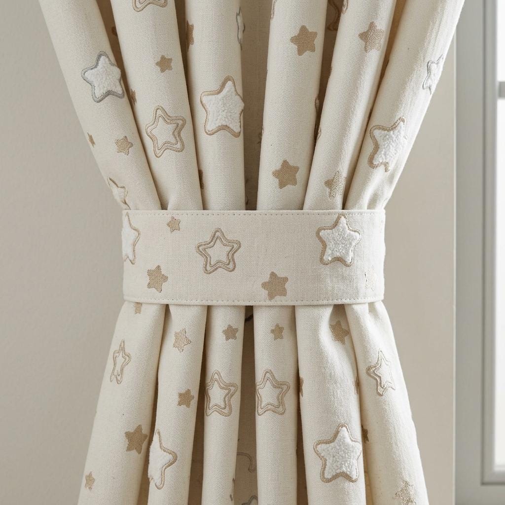 Ivory Linen Curtains with Beige & Blue Grey Star Embroidery, Kids Nursery Drapes, Custom Size, Optional Blackout Lining — image 1