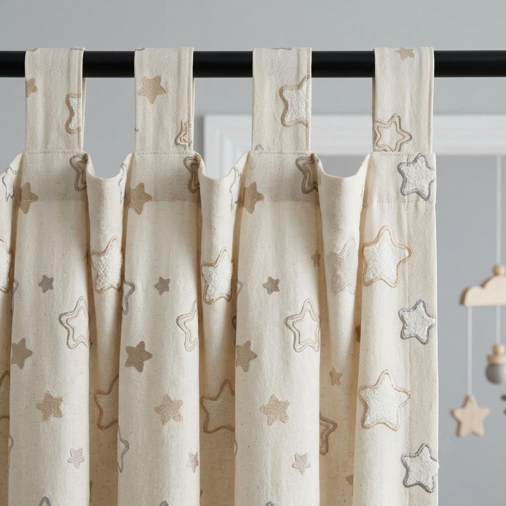 Ivory Linen Curtains with Beige & Blue Grey Star Embroidery, Kids Nursery Drapes, Custom Size, Optional Blackout Lining — image 7