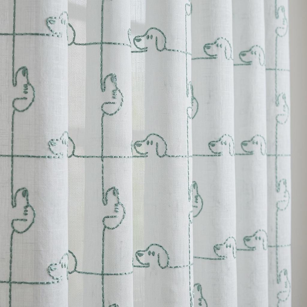 Muted White Pure Linen Sheer Curtains, Mint Blue Green Embroidered Dog Drapes, Custom Nursery Window Panels — image 1