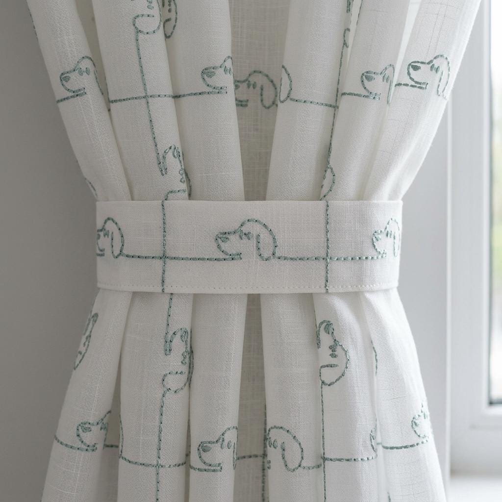 Muted White Pure Linen Sheer Curtains, Mint Blue Green Embroidered Dog Drapes, Custom Nursery Window Panels — image 1