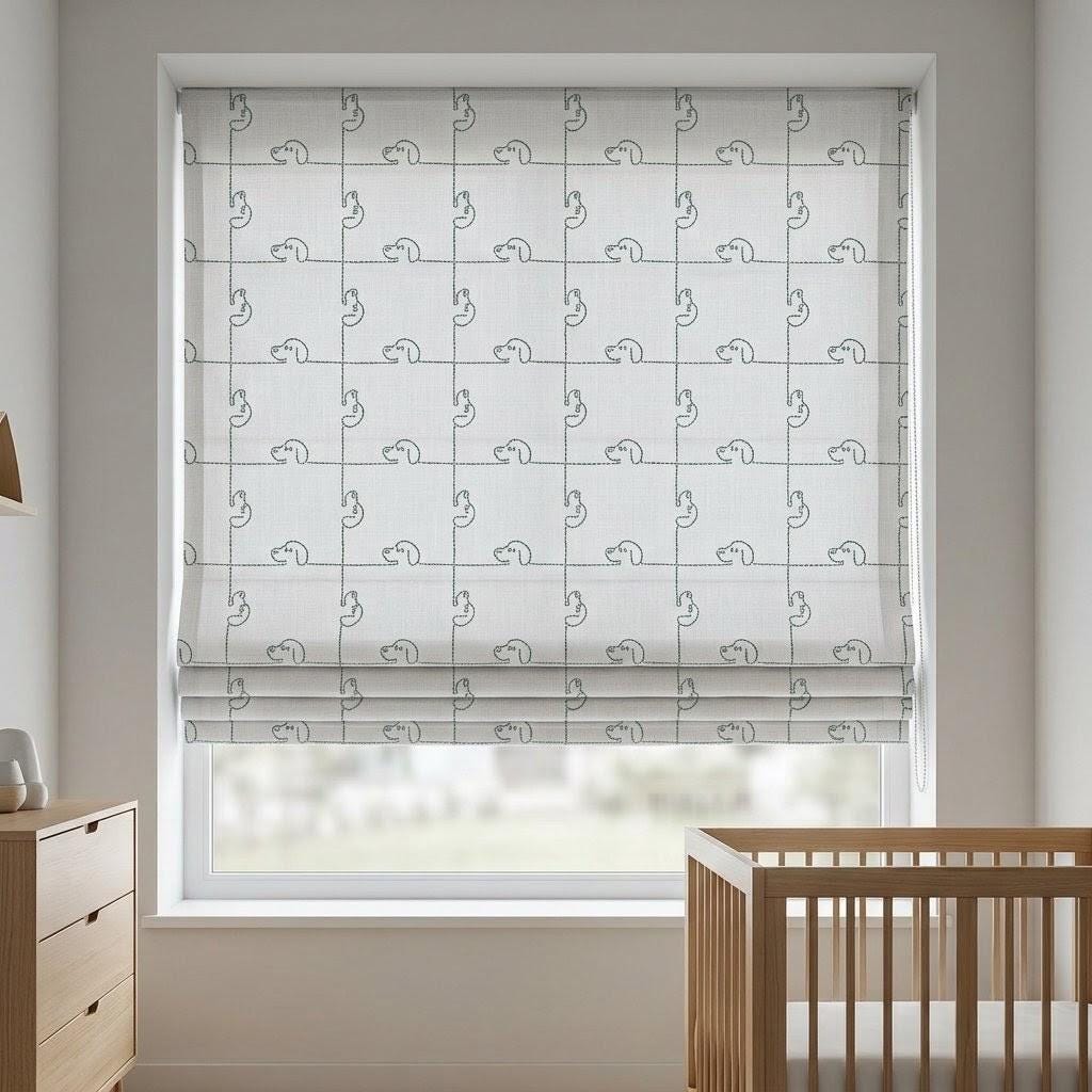 Embroidered Linen Roman Shade, Ivory Mint Blue-Green Puppy Dog Nursery Blind, Custom Kids Blackout Window Shade — image 1