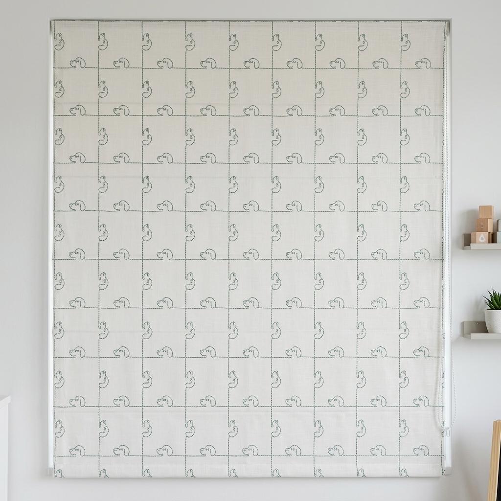 Embroidered Linen Roman Shade, Ivory Mint Blue-Green Puppy Dog Nursery Blind, Custom Kids Blackout Window Shade — image 4