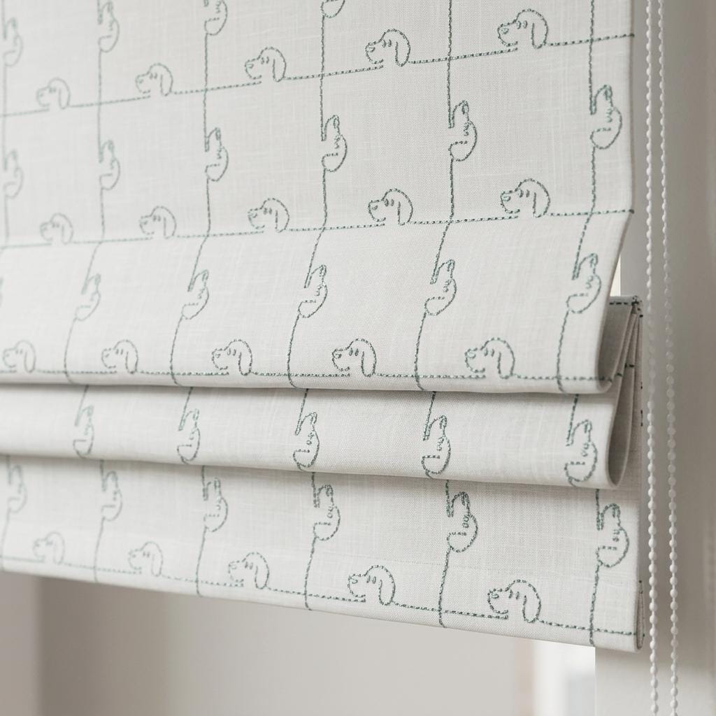 Embroidered Linen Roman Shade, Ivory Mint Blue-Green Puppy Dog Nursery Blind, Custom Kids Blackout Window Shade — image 3
