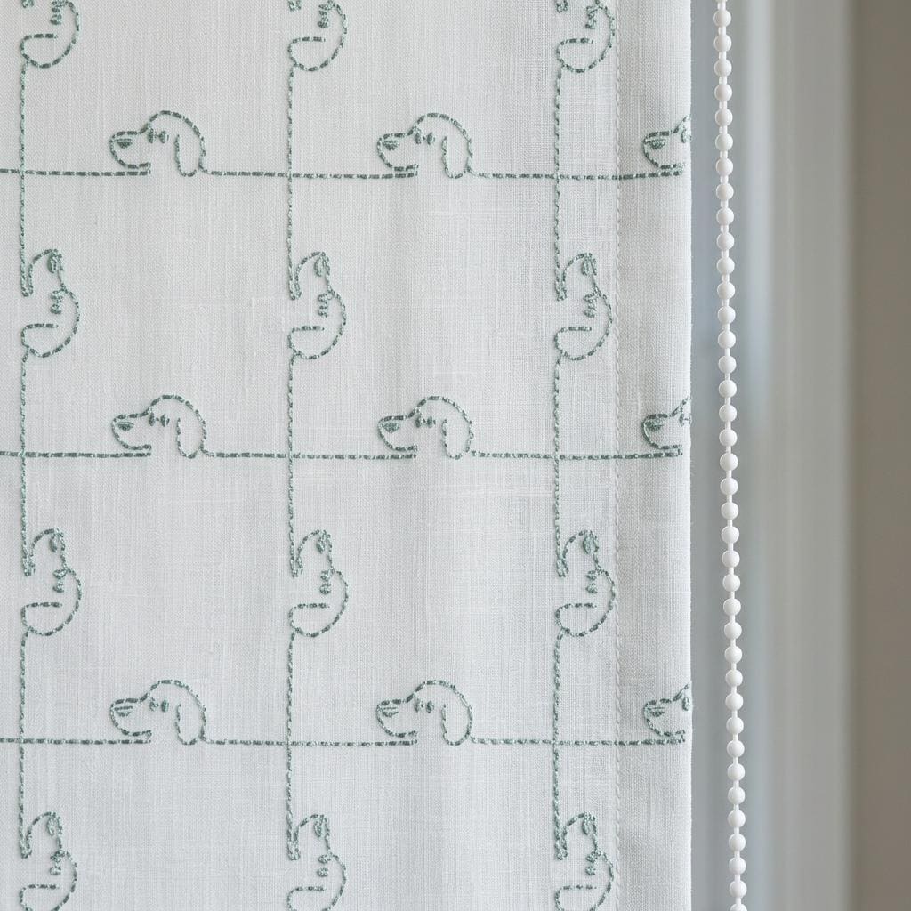 Embroidered Linen Roman Shade, Ivory Mint Blue-Green Puppy Dog Nursery Blind, Custom Kids Blackout Window Shade — image 7