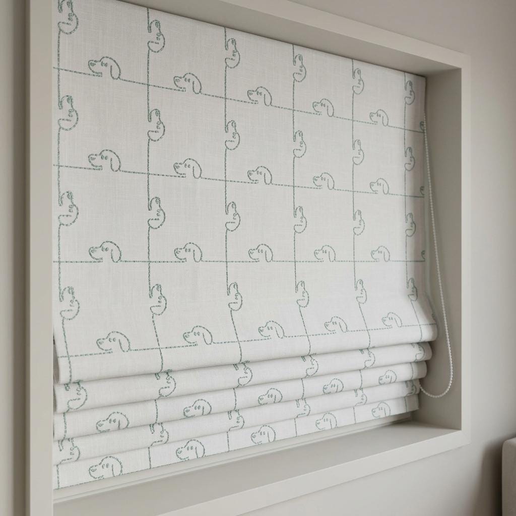 Embroidered Linen Roman Shade, Ivory Mint Blue-Green Puppy Dog Nursery Blind, Custom Kids Blackout Window Shade — image 8