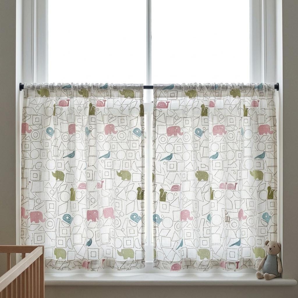 White Pure Linen Sheer Curtains, Pastel Animal Nursery Drapes, Geometric Print Embroidered Kids Room Panels — image 7